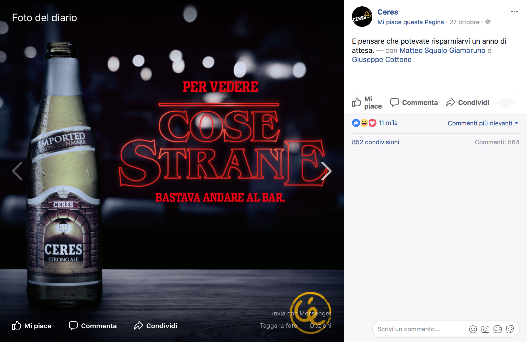 social network - Post della Ceres in occasione del lancio di Stranger Things 2